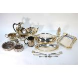 An epns three-piece silver tea service, to/w a hot water jug, two bottle coasters, entree dish and