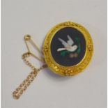 An antique Italian oval brooch, the centre pietra dura panel depicting dove and olive branch, with
