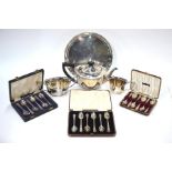 Two cased sets of six silver teaspoons, Sheffield 1930/35, 5.4 oz total, to/w an epns three-piece