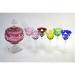 A harlequin set of six long stemmed Bohemian flash glass wine glasses, 20.5 cm high to/w a pink