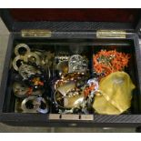 A jewel box containing vintage and earlier jewellery including Victorian brooches, propelling