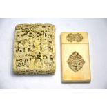 A Chinese Cantonese ivory card case, carved with Manchu/Chinese figures in gardens, 8.5 cm high;