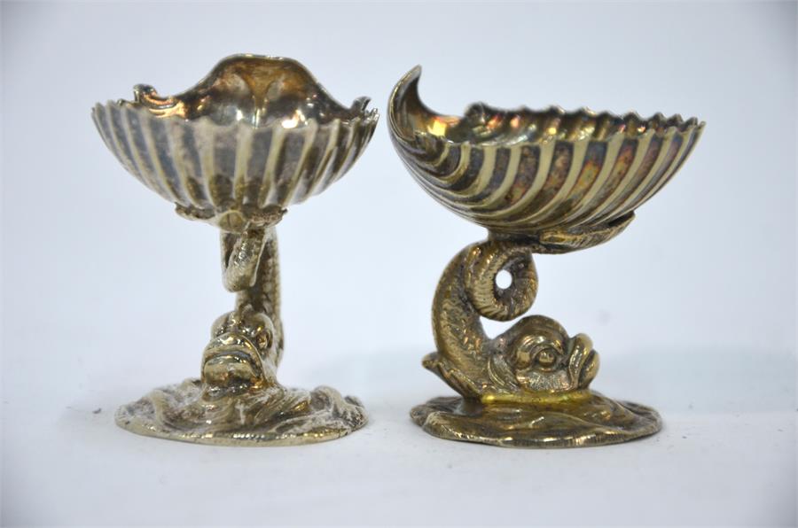 A pair of small open shell salts on dolphin supports, to/w various flatware, oval entree dish and - Image 3 of 5