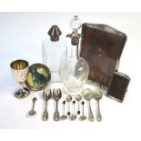 Two silver topped decanters (one a/f) to/w an Art Deco easel photograph frame, a silver goblet,