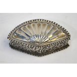 A Victorian embossed silver fan-shaped snuff box, Nathan & Hayes, Birmingham 1891, 8.5 cm wide