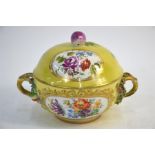 A 19th century Meissen porcelain circular bowl and domed cover, yellow ground, twisted