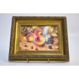 A Royal Worcester plaque hand painted with a fruit study by T. Nutt, 11.5 x 16 cm, framed Good