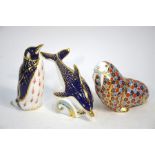 Three Royal Crown Derby Imari decorated paperweights, all good stoppers:  Walrus, 1987;  Dolphin,