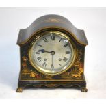 A Harrods Ltd, London retailed chinoiserie mantel clock, the 8-day two train movement with