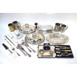 An oval electroplated asparagus dish with rack and tongs, to/w three entree dishes and covers, ham-