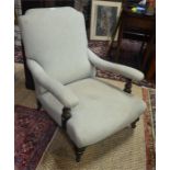 A Victorian aesthetic period gilt and ebonised open armchair with linen/wood upholstery