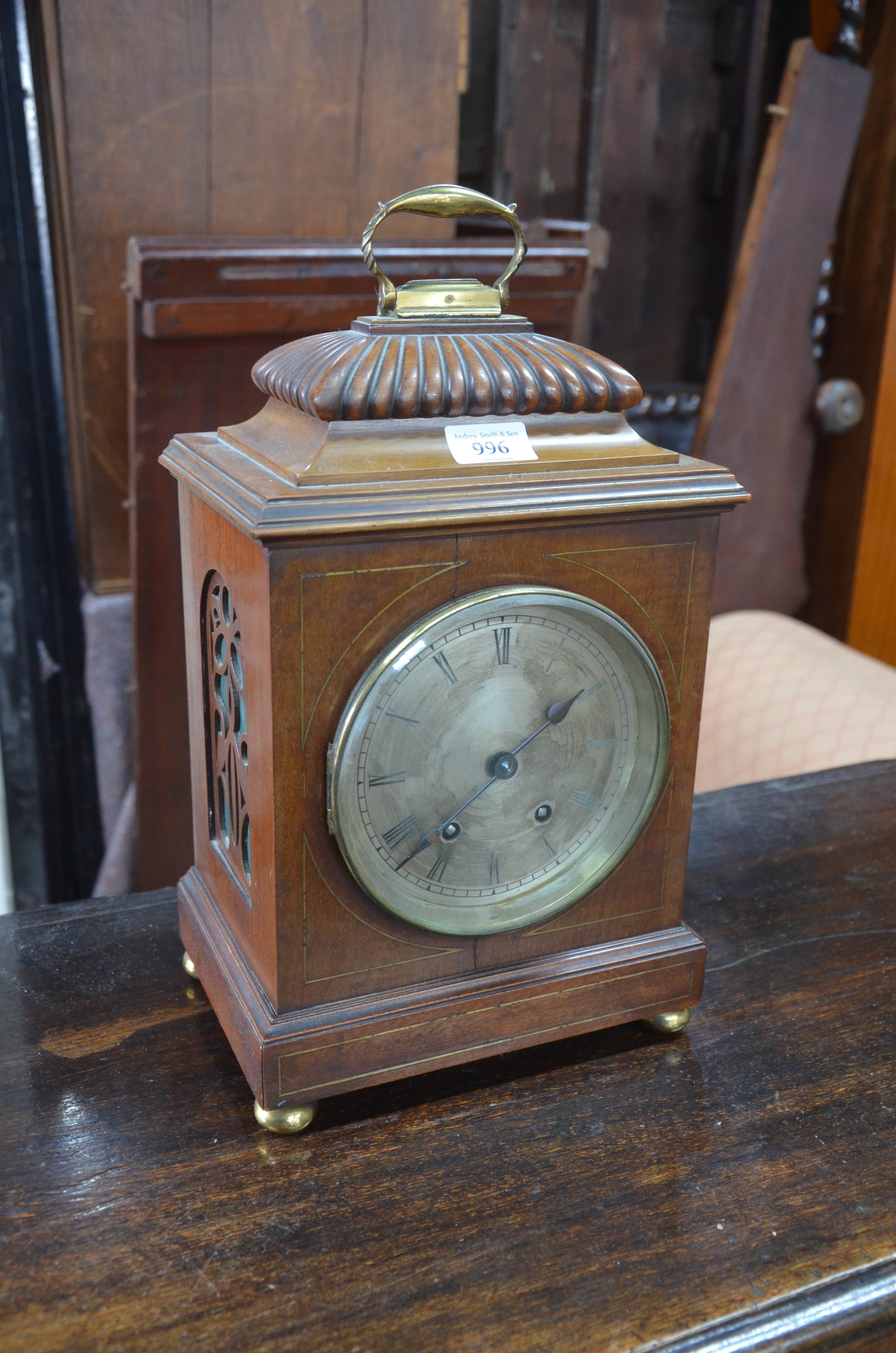 A Victorian walnut cased mantel clock, the 8-day French two train movement striking the hours on a - Image 7 of 7