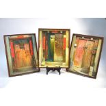 Three unusual Chinese, or other Asian, pictures; each one pigment on canvas and framed, overall