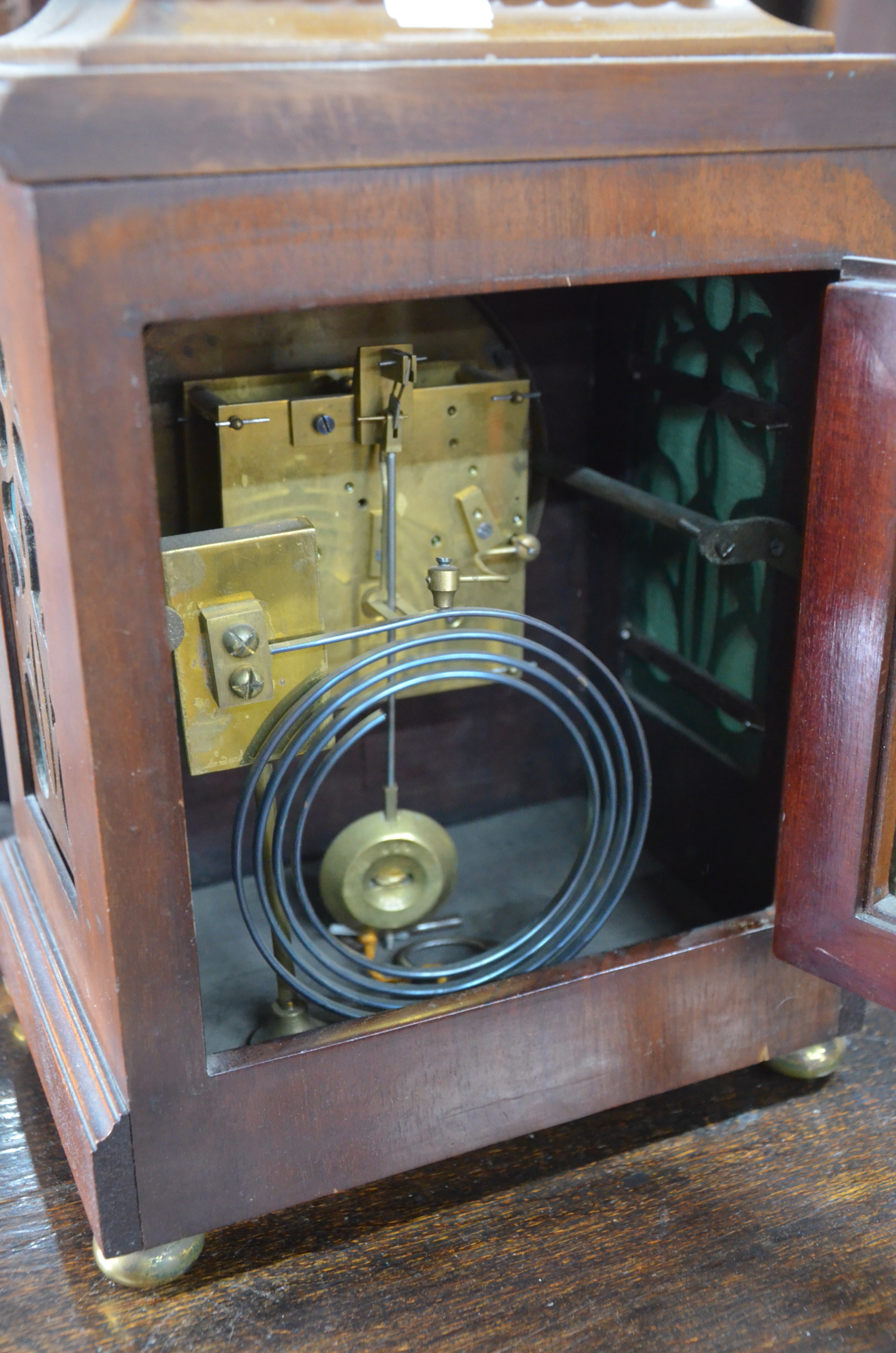 A Victorian walnut cased mantel clock, the 8-day French two train movement striking the hours on a - Image 2 of 7