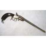 A 19th century Belgian electroplated double-barrel 410 pistol with hammer action, ornately