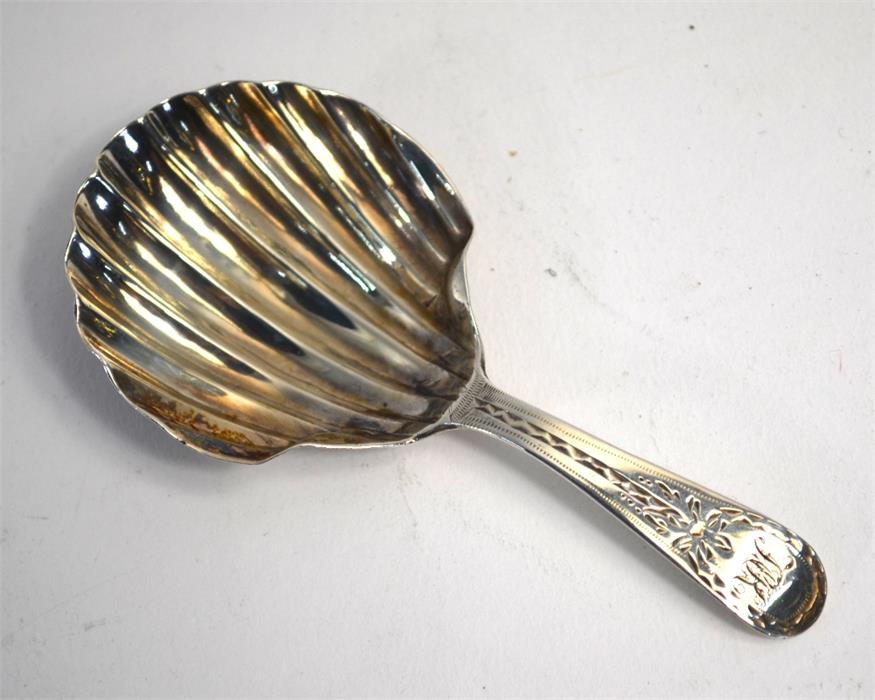 A George III silver bright-cut caddy spoon with shell bowl, Thomas Evans (probably), London - Image 3 of 4
