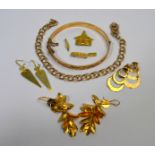 A rose-coloured metal fancy link bracelet with broken clasp, various earrings and old gold, some