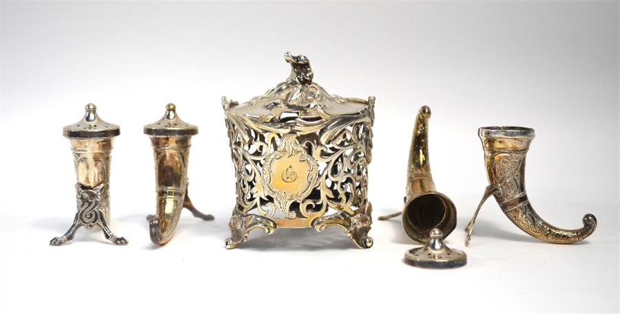 A Victorian pierced silver drum mustard, Charles Fox II, London 1839, to/w various other silver - Image 2 of 2