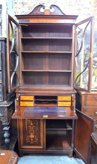 A Sheraton Revival marquetry inlaid satinwood and walnut secretaire bookcase, the broken swaneck - Image 2 of 3