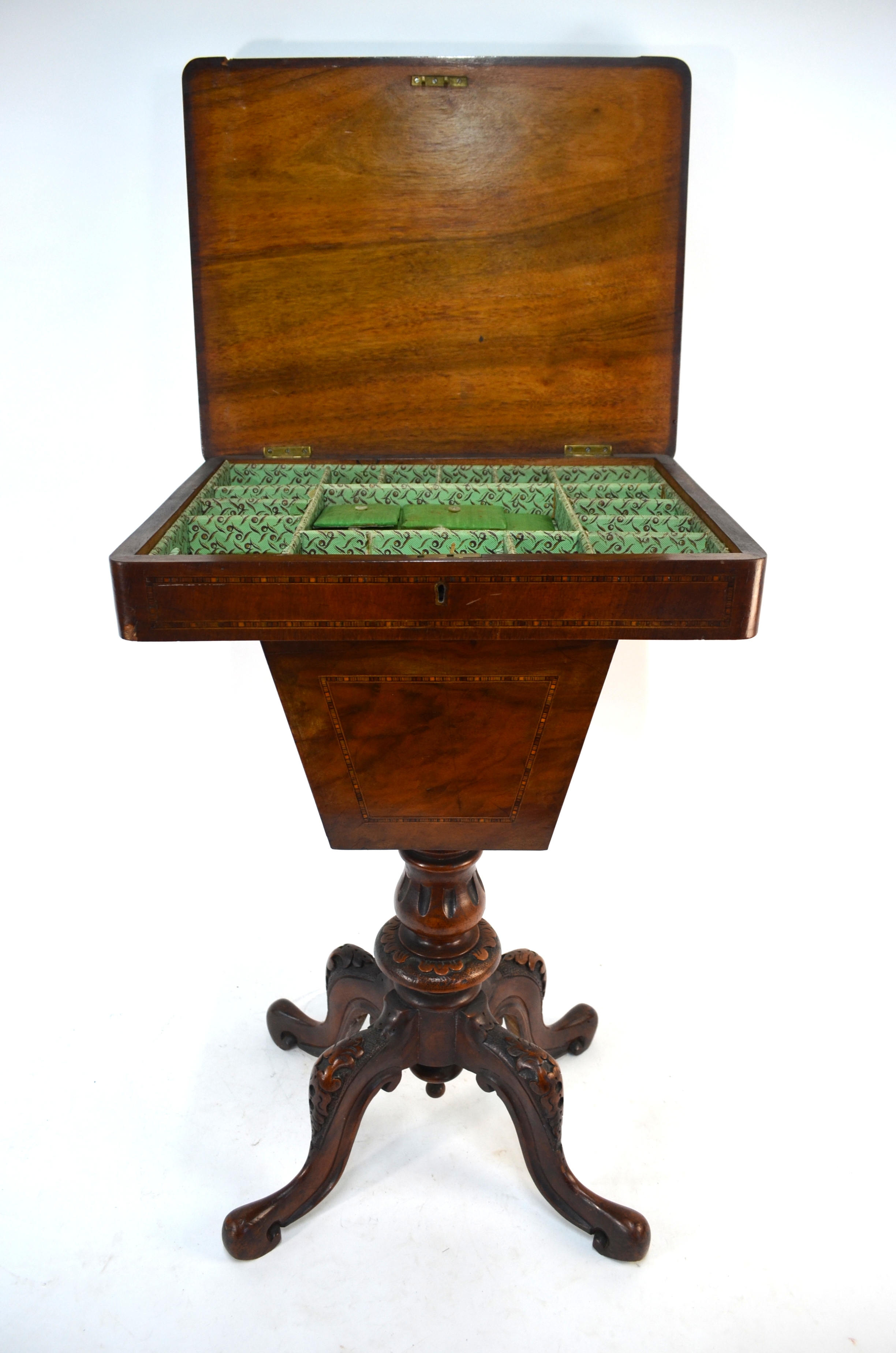 A Victorian walnut work table, the top with inlaid floral urn design hinged to reveal a paper - Image 2 of 2