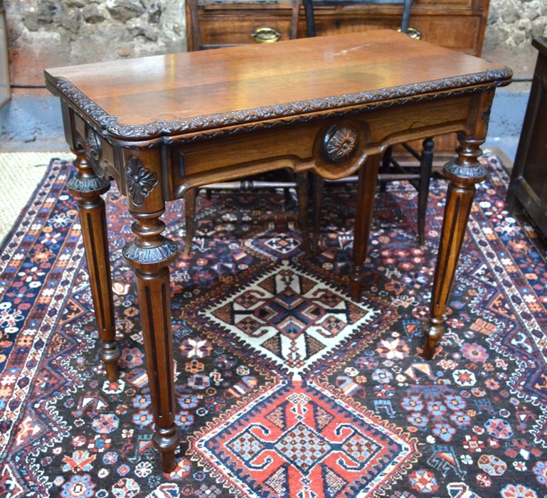 A Victorian oak fold over tea table, the rectangular top with moulded frieze and lobed corners - Image 3 of 5