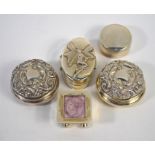 Four modern silver pill-boxes and a stamp-box (5)