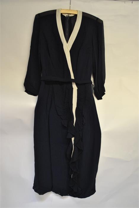 A 1940s Dores Model belted navy crepe dress with cream trim, chiffon sleeves and ruched chiffon