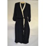 A 1940s Dores Model belted navy crepe dress with cream trim, chiffon sleeves and ruched chiffon