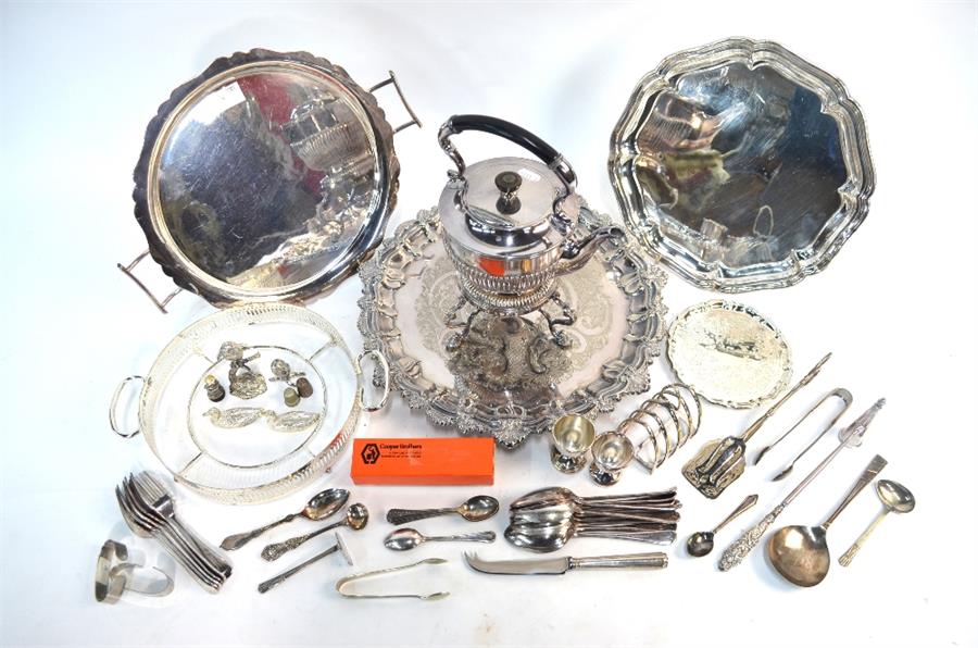 A box of mixed silver plate including engraved salver, tea kettle on stand, flatware, candle - Image 2 of 3