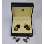 A pair of square gilt metal and black enamel cufflinks by Dunhill, in fitted box to/w a pair of gilt