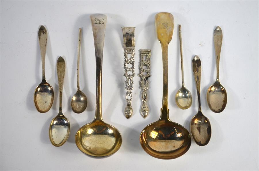 Two silver sauce ladles, various spoons, etc., 7.3 oz