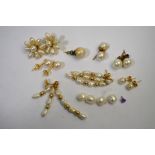 Various pearl earrings including single cultured pearl with three small diamonds above, yellow metal