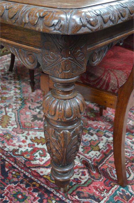 A Victorian oak extending dining table in the Gothic Revival style, the rectangular top with moulded - Image 2 of 4