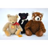 Three Steiff teddy bears - Black mohair bear, 26 cm; Blond mohair bear, 30 cm and Ginger & white