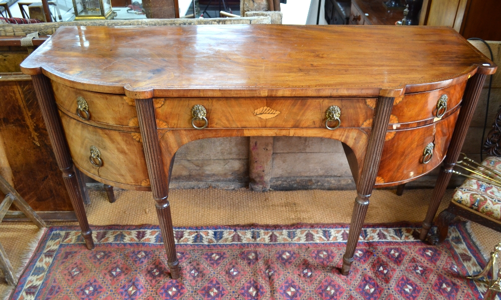 A George III satinwood inlaid mahogany bowfront sideboard with six drawers, raised on six turned and - Image 2 of 7