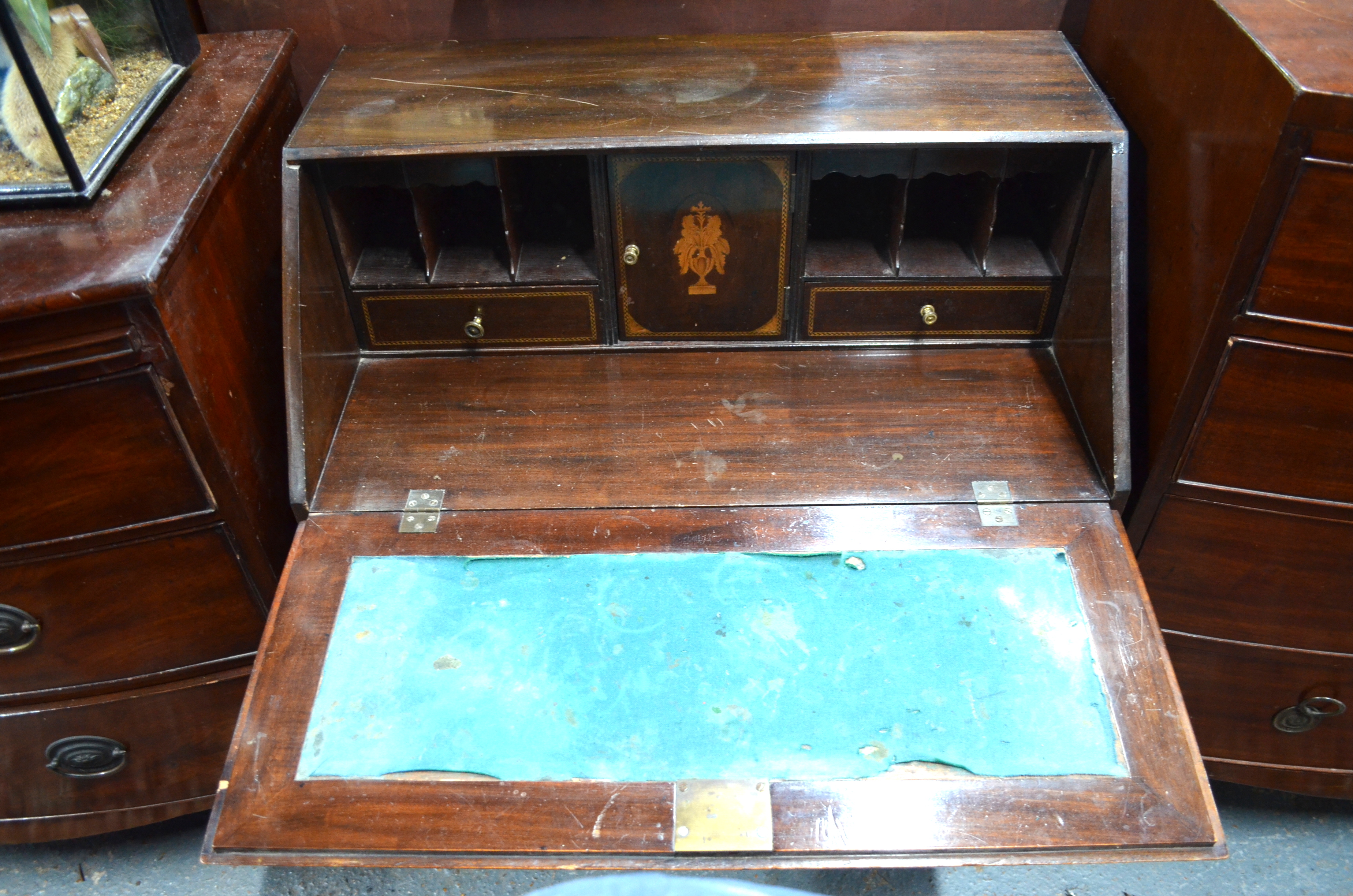 A diminutive Victorian ribbon, bow and batwing inlaid mahogany bureau with fitted interior over four - Image 3 of 3