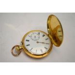 An Edwardian 18ct gold full hunter pocket watch with top-wind lever movement and enamel dial with