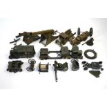 A box of assorted playworn model military items including Britains WW1 ambulance, six wheeled truck,