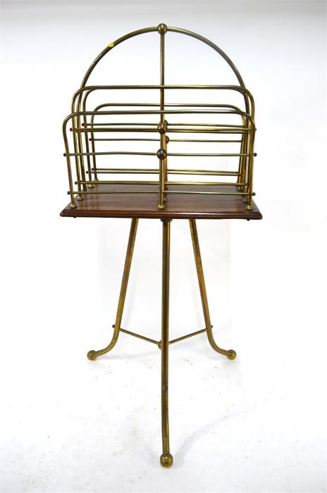 An early 20th century brass and oak revolving magazine-stand on tripod base - Image 2 of 6