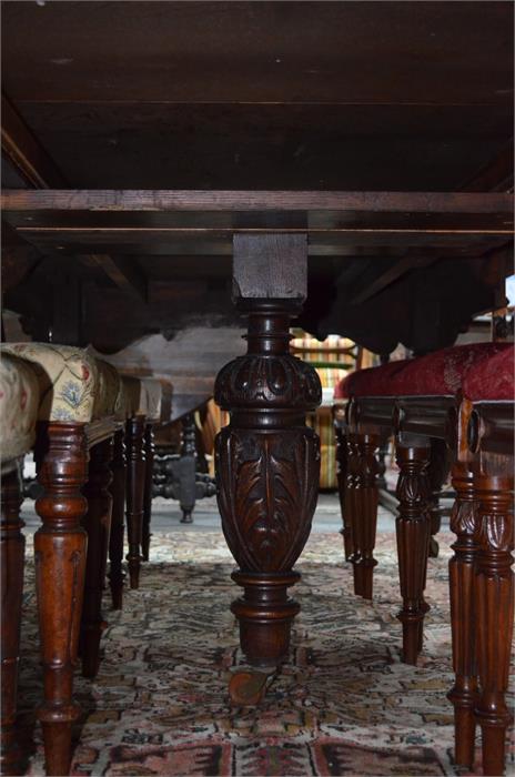 A Victorian oak extending dining table in the Gothic Revival style, the rectangular top with moulded - Image 4 of 4