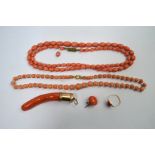 A small collection of antique coral including two graduated necklaces, small ring, earring and large