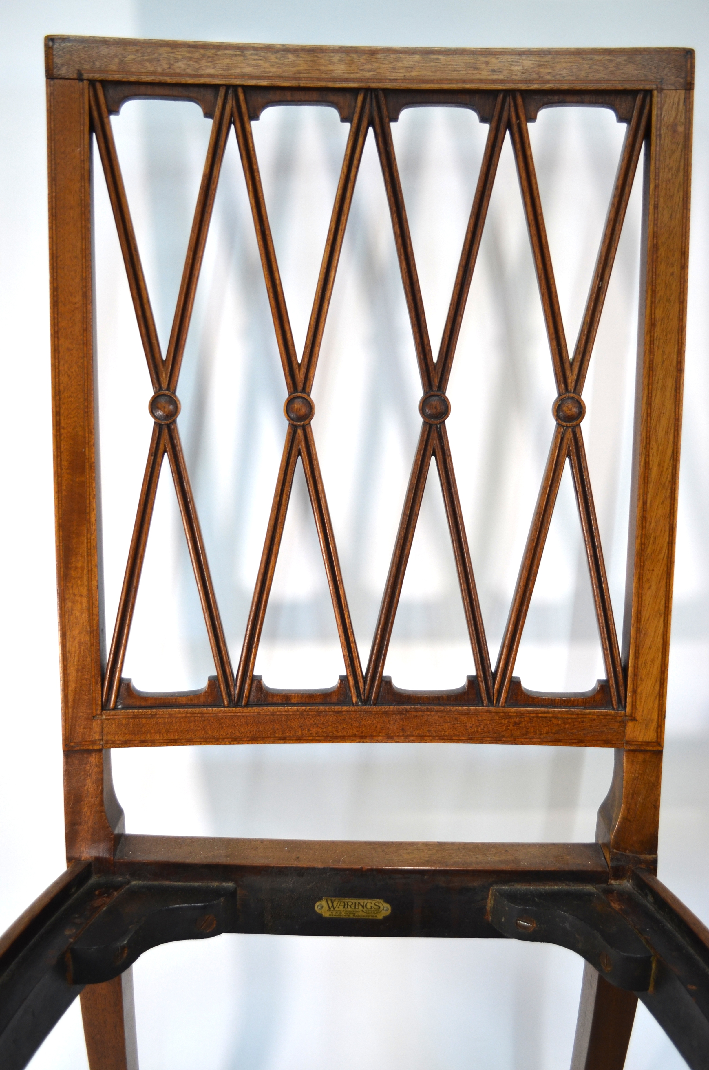A set of six 19th century inlaid mahogany dining chairs with moulded lattice splats, bearing ' - Image 5 of 6