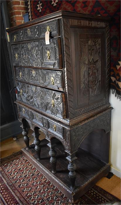 An antique carved oak chest on stand in the 17th century style, having four long irregular drawers - Image 2 of 14