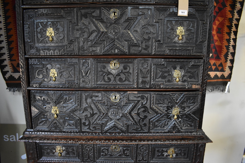 An antique carved oak chest on stand in the 17th century style, having four long irregular drawers - Image 4 of 14