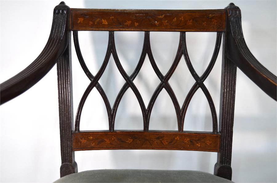 A pair of 19th century inlaid mahogany carved chairs with overstuffed seats (2) - Image 2 of 2