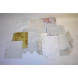 Two boxes of assorted table linen etc., to include huckabacks with crocheted edges, embroidered