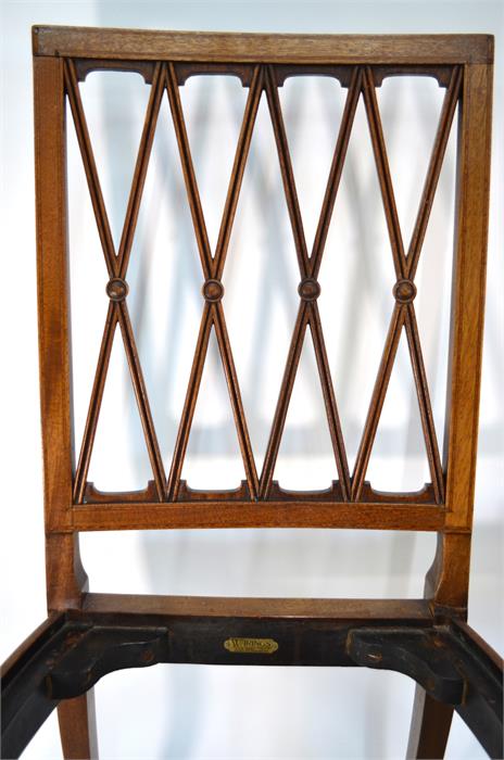 A set of six 19th century inlaid mahogany dining chairs with moulded lattice splats, bearing ' - Image 4 of 6