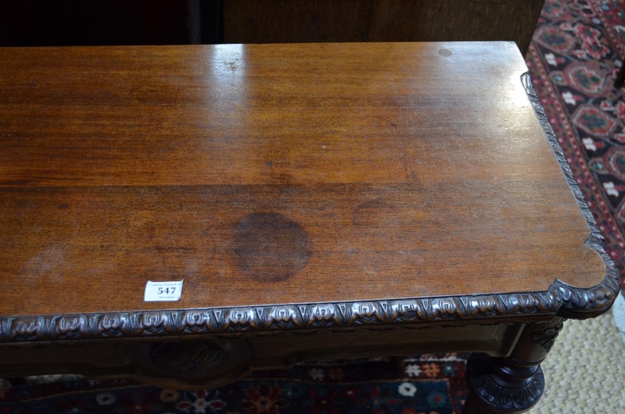 A Victorian oak fold over tea table, the rectangular top with moulded frieze and lobed corners - Image 4 of 5