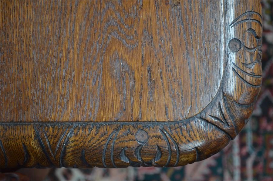 A Victorian oak extending dining table in the Gothic Revival style, the rectangular top with moulded - Image 3 of 4