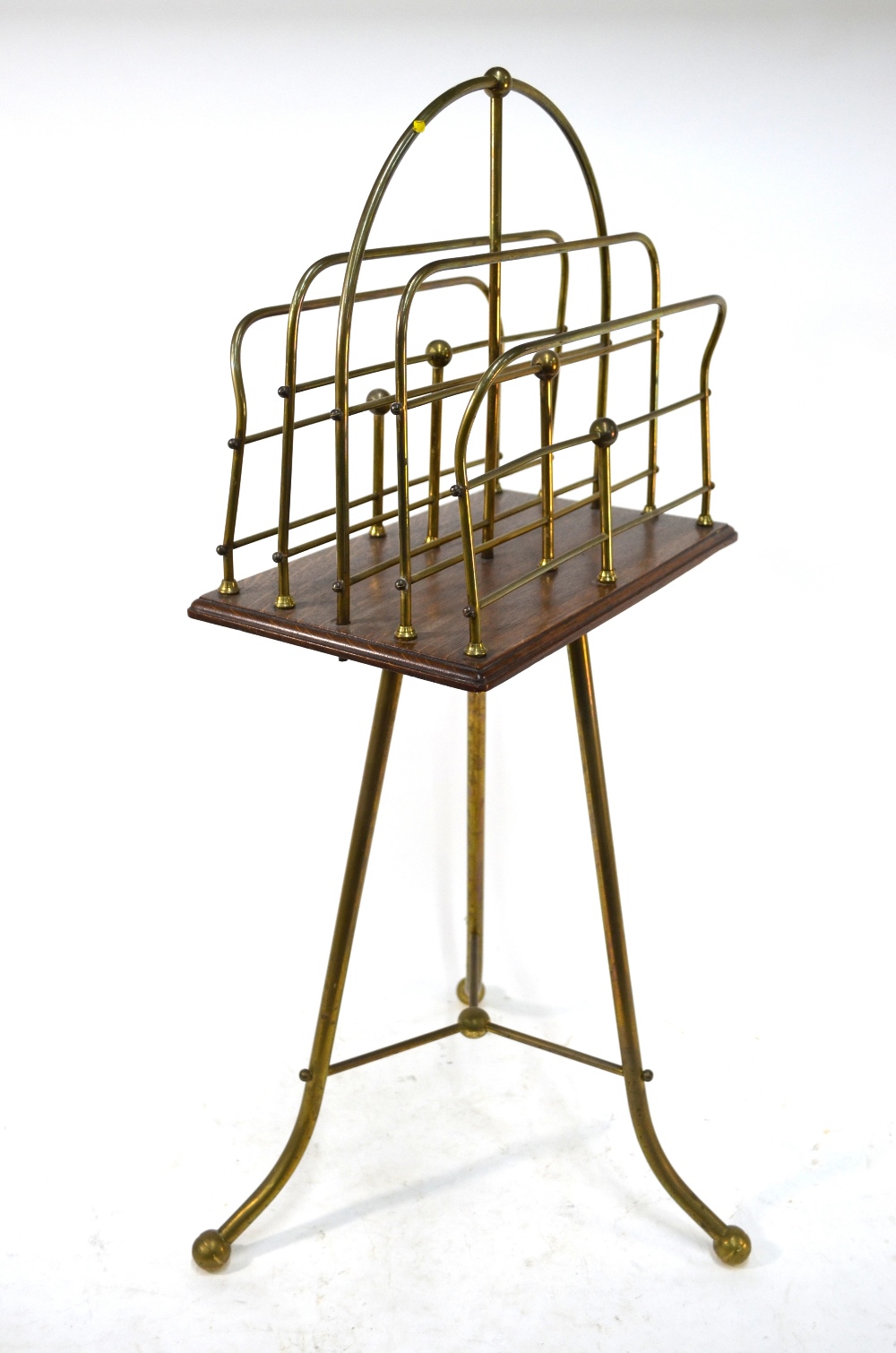 An early 20th century brass and oak revolving magazine-stand on tripod base - Image 5 of 6